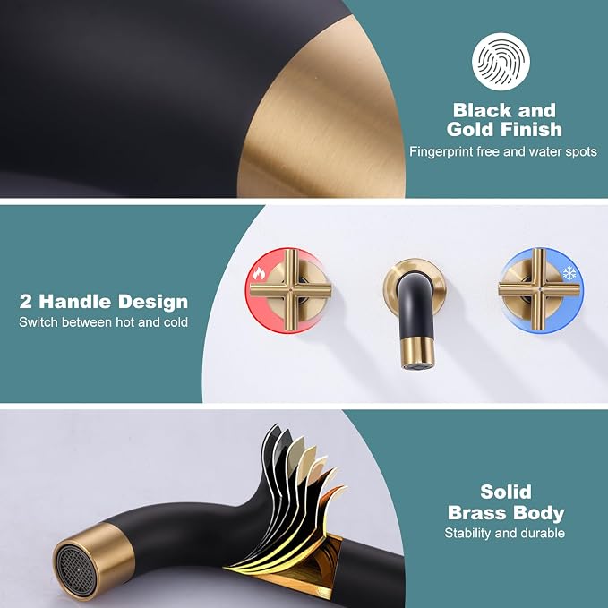 ARCORA Wall Mount Bathroom Faucet, Black and Gold Bathroom Sink Faucet, 2 Handle Wall Mount Vessel Sink Faucet Rough in Brass Valve Included
