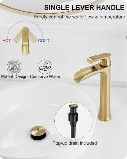 Vessel Sink Faucet, Tall Brass Waterfall Bathroom Faucet 1 Handle Gold Faucets for Bathroom Vanity 1 Hole with Pop-Up Drain & Supply Hoses