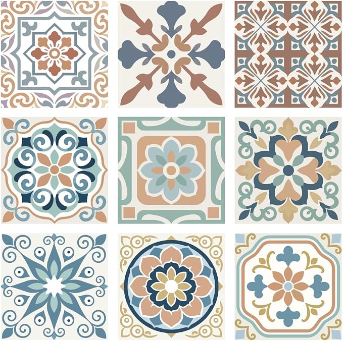 36Pcs 9 Styles Mediterranean Peel and Stick Tile 4 x 4 Inch Decorative Tile Stickers Square Flower Pattern Waterproof PVC Decals for Kitchen Bathroom Backsplash Furniture DIY Home Decor