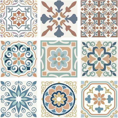 36Pcs 9 Styles Mediterranean Peel and Stick Tile 4 x 4 Inch Decorative Tile Stickers Square Flower Pattern Waterproof PVC Decals for Kitchen Bathroom Backsplash Furniture DIY Home Decor