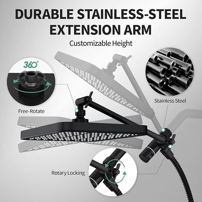 12 Inch Wide Rain Shower Head with Filtered Handheld Combo, High Pressure Rainfall Shower Head, 9 Spray Modes Handheld with 9-Inch Extension Arm, Comes with Filter Removes Chlorine(Black)