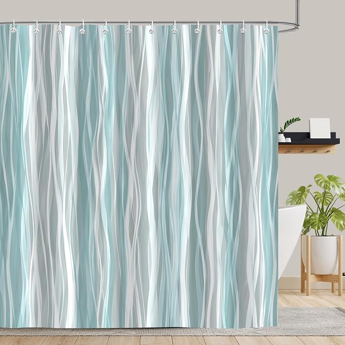 Moonslim Teal Grey Ombre Shower Curtain, Modern Wavy Abstract Striped Line Bathroom Curtain, Waterproof Fabric Bath Decor, 72 x 78 Inch