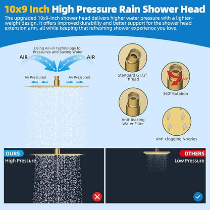 Hibbent All Metal cUPC Certified Shower Head, 10'' High Pressure Rainfall Shower Head Combo, Handheld Shower Wand, 12'' Adjustable Extension Arm, 4-Spray, 71'' Hose, Shower Holder, Brushed Gold