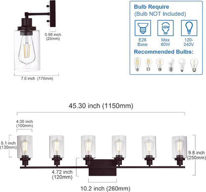 MELUCEE 6-Light Bathroom Vanity Light Fixture Vintage Oil Rubbed Bronze | Industrial Wall Sconce Lighting with Clear Glass Shade for Living Room Bedroom Kitchen (Patent No.: US D963914 S) 45.3 Inch