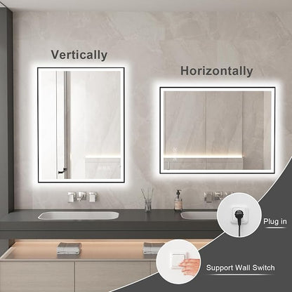 20x28 inches Rectangular Aluminum Black Framed LED Mirror, Smart Bathroom Mirror with Lights, Anti-Fog, Tempered Glass, 3 Colors Dimmable, Front and Backlit, Wall Mounted, Memory