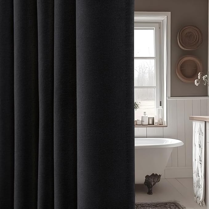 Linen Shower Curtain Black, Fabric Boho Farmhouse Shower Curtains for Bathroom Cotton Natural Cloth Liner Set 72" W x 72" L