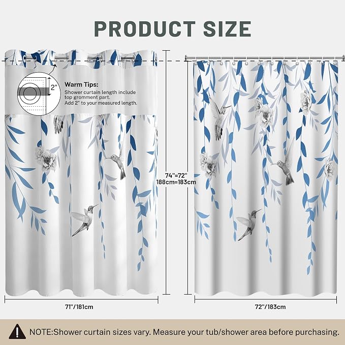 No Hook Floral Shower Curtain with Liner, Blue Grey, 71x74 | Snap in Liner, 3 in 1, Water Repellent, Easy Install, Machine Washable, Hotel Style for Bathroom, Watercolor Pattern