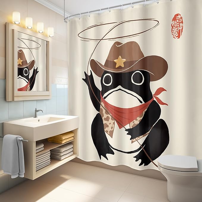 LGhtyro Funny Cowboy Frog Shower Curtain Bathroom Set 71Wx78H Inches Extra Long Western Rodeo Animal Hat Japanese Art Asian Traditional Bath Accessories Cute Art Home Decor Fabric 12 Pack Hooks