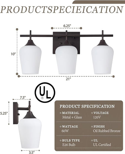 3-Light Bathroom Lighting Fixtures Over Mirror, 21" Oil Rubbed Bronze Vanity Lights Farmhouse Bath Wall Sconce with Milk Glass for Bath, OS-YQ9167-3AW