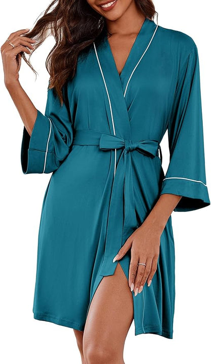 Ekouaer Women Kimono Robes Knee Length Knit Bathrobe Lightweight Soft Sleepwear V-neck Casual Ladies Loungewear
