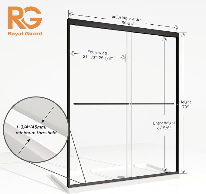Royal Guard Double Sliding Shower Door,50-54" W x 70" H,Matte Black | Shower Doors with 6mm Clear SGCC Tempered Glass,Bypass Shower Enclosure,Nano Coating Easy Clean&Waterproof&Adjustable Width