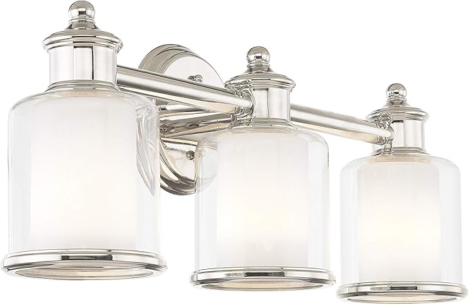 Livex Lighting 40213-35 Middlebush Collection 3-Light Bathroom Vanity Light with Double Shaded Hand Crafted Glass Shades, Polished Nickel, 23.5 x 6.5 x 9
