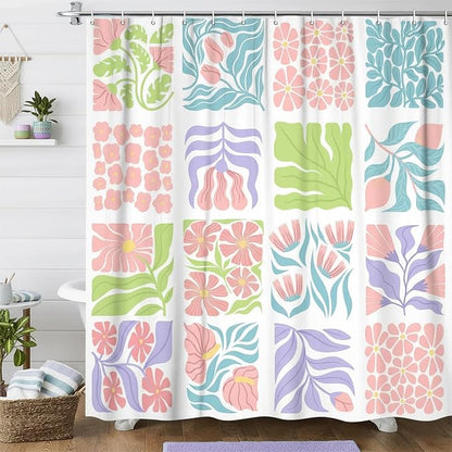 JAWO Cute Boho Floral Shower Curtain, Colorful Abstract Floral Retro Aesthetic Shower Curtain for Bathroom, Funky Unique Waterproof Fabric Polyester Bath Curtains Decor with Hooks,60Wx70H