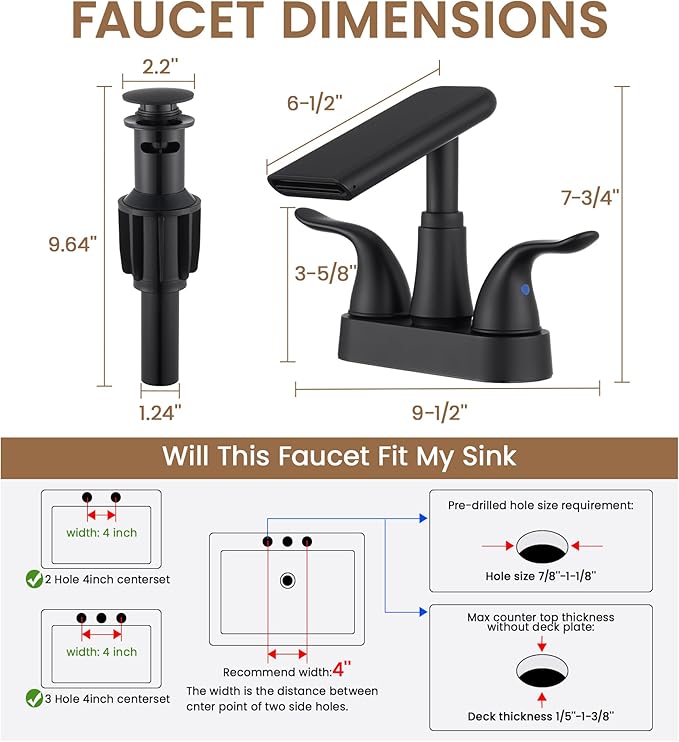 Matte Black Bathroom Faucet 4 Inch Centerset, Waterfall Plastic Bathroom Sink Faucet with Pop Up Drain & Overflow, Dual Handle 360° Swivel Spout, Fits 2 or 3 Hole Lavatory Sink, Modern Design