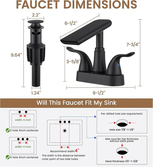 Matte Black Bathroom Faucet 4 Inch Centerset, Waterfall Plastic Bathroom Sink Faucet with Pop Up Drain & Overflow, Dual Handle 360° Swivel Spout, Fits 2 or 3 Hole Lavatory Sink, Modern Design