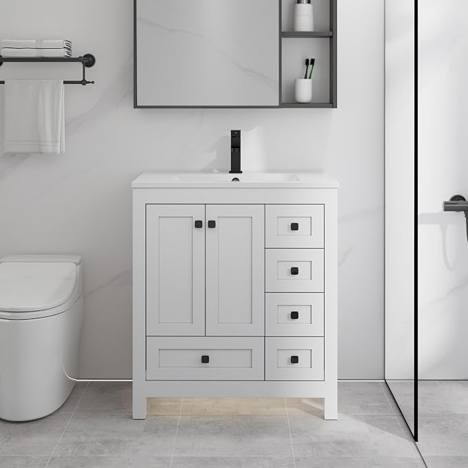 LUCKWIND 30" Bathroom Vanity and Sink Combos, Modern Bathroom Storage Painted Cabinet with Undercounter Resin Single Sink Top, Matte Black Faucet and 5 Drawers, Mirror Not Included, White