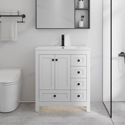 LUCKWIND 30" Bathroom Vanity and Sink Combos, Modern Bathroom Storage Painted Cabinet with Undercounter Resin Single Sink Top, Matte Black Faucet and 5 Drawers, Mirror Not Included, White