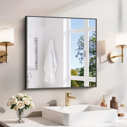 YIROMAN Bathroom Mirror 24"x24", Matte Black Bathroom Mirror for Over Sink with Aluminum Frame, Square Vanity Mirror with Right Angle, Wall Mirror Hangs Horizontal or Vertical