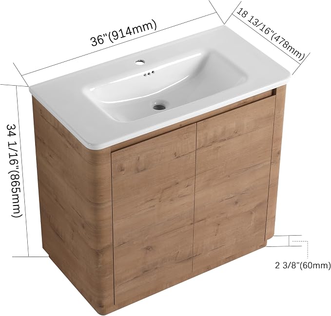 36-Inch Bathroom Vanity with Sink Mid-Century Bathroom Vanities with Top Basin Floor Wood Bathroom Sink Cabinet with Soft-Close Doors & Adjustable Storage Shelves (Brown)