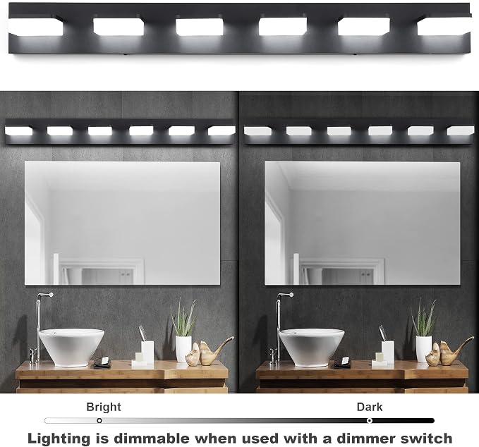 GOODATE 3 Colors Dimmable Bathroom Light Fixtures Over Mirror, LED Black Vanity Lights, Acrylic Stainless Steel 6 Light Bathroom Vanity Light Fixtures, Adjustable 3000K/4000K/6000K, 360° Rotate