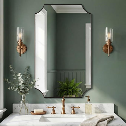 Brushed Bronze Mirror, 24"x40" Bathroom Vanity Mirror, Scalloped Rectangle Mirror with Rust-Proof Stainless Steel 1" Frame, Hangs Vertically or Horizontally
