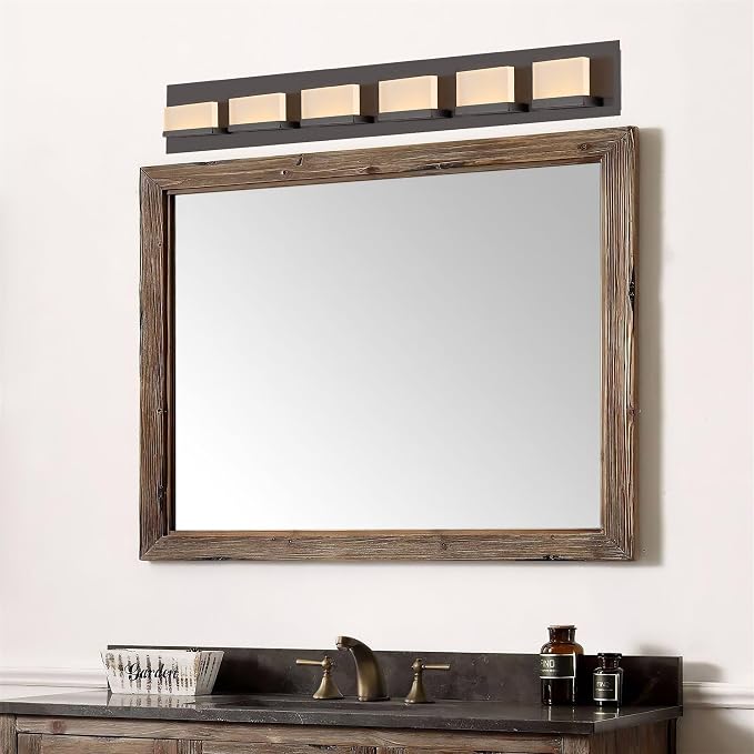 Kira Home Everett 48" Modern Integrated LED 6-Light Bathroom Vanity Light | 60W 3000K Warm White Light, Minimalist Bathroom Wall Sconce with Frosted Acrylic Blocks, Oil Rubbed Bronze Finish