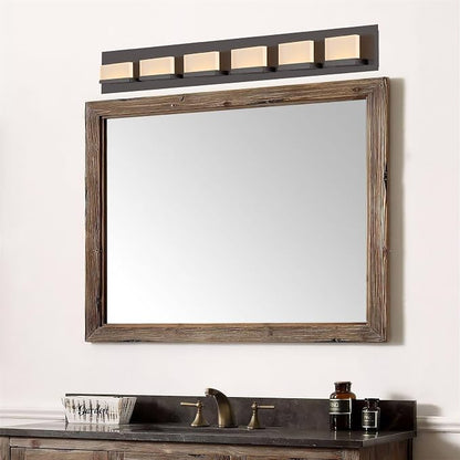 Kira Home Everett 48" Modern Integrated LED 6-Light Bathroom Vanity Light | 60W 3000K Warm White Light, Minimalist Bathroom Wall Sconce with Frosted Acrylic Blocks, Oil Rubbed Bronze Finish