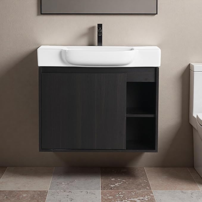 28" Bathroom Vanity with Ceramic Sink, Farmhouse Cabinet, Dark Oak | Ceramic Sink, Soft-Close Door, Interior Compartment and 2-Tier Open Side Shelves, 45° Inclined Edge Handle