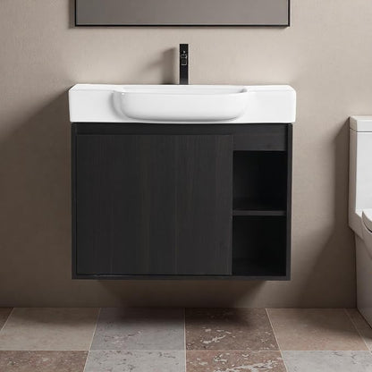 28" Bathroom Vanity with Ceramic Sink, Farmhouse Cabinet, Dark Oak | Ceramic Sink, Soft-Close Door, Interior Compartment and 2-Tier Open Side Shelves, 45° Inclined Edge Handle