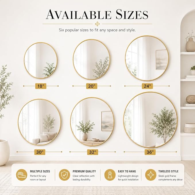 Garvee 20 Inch Round Wall Mirror, Gold Metal Frame, Modern & Minimalist Design, Explosion-Proof Backing, Crystal Clear Reflective Glass, Bedroom, Bathroom, Entryway Decor, Easy Installation