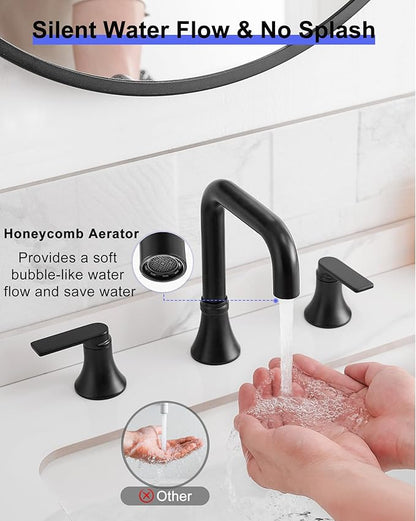 Black Bathroom Faucet Widespread 360 Degree Swivel Bathroom Faucets for Sink 3 Hole 4-10 Inch, 2 Handles Bathroom Sink Faucet with Pop-Up Drain & Water Supply Hose for Hotels, Rental Houses, RV
