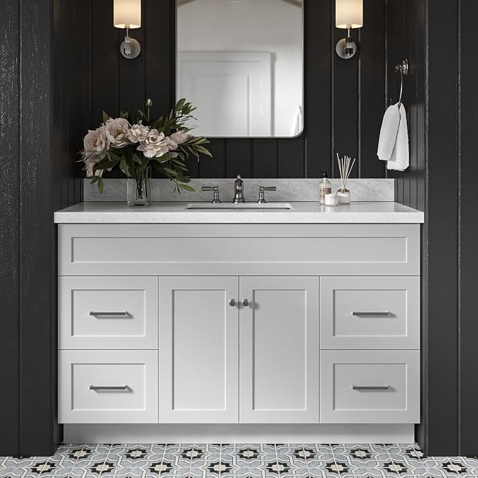 Bradford 54" Grey Single Bathroom Vanity with Sink, 1.5" Italian Carrara Marble Countertop, Rectangular Undermount Sink, 2 Soft Closing Doors, 4 Dovetail Drawers, Brushed Nickel