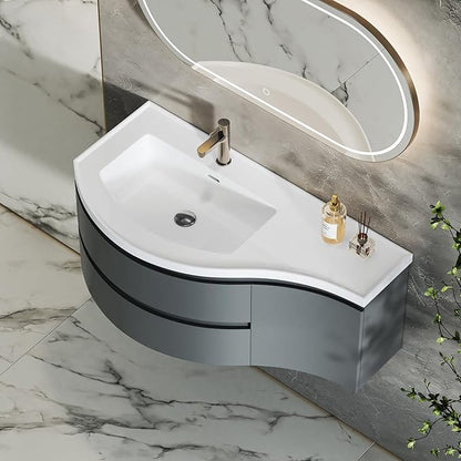 Floating Bathroom Vanity with Sink, 35.4" Modern Curved Bathroom Vanity, Wall Mounted Half-Circle Bathroom Cabinet, White&Gray Blue, Left-Hand Sink