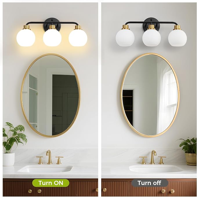 3 Light Bathroom Vanity Light, Black and Gold Bathroom Light Fixtures | with Milk Glass Shade Modern Wall Sconces Lighting Bath Wall Lights Lamp for Mirror Kitchen Living Room Bedroom Hallway