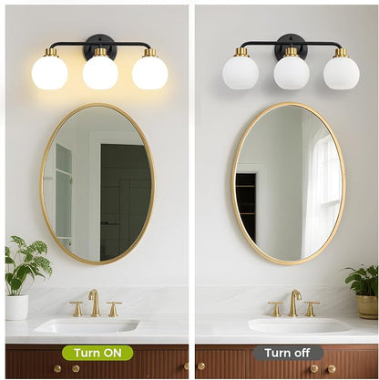 3 Light Bathroom Vanity Light, Black and Gold Bathroom Light Fixtures | with Milk Glass Shade Modern Wall Sconces Lighting Bath Wall Lights Lamp for Mirror Kitchen Living Room Bedroom Hallway