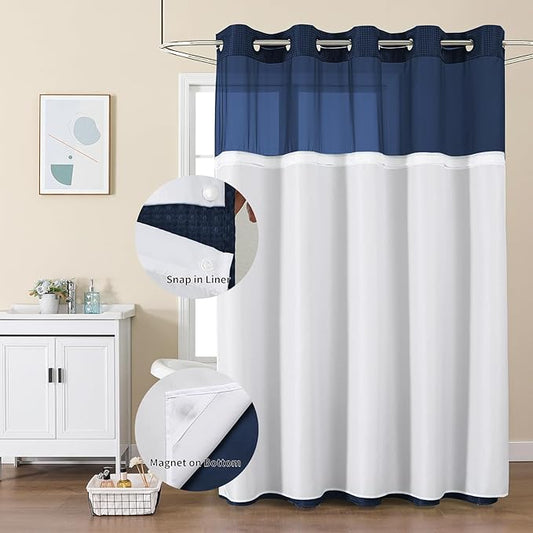 Colorful Star Navy Blue No Hook Waffle Shower Curtain Set, 72" W x 87" L | Waterproof Shower Curtain with Snap in Fabric Liner and Mesh Top Window, Hotel Style Heavy Duty Thick Bathroom Curtain