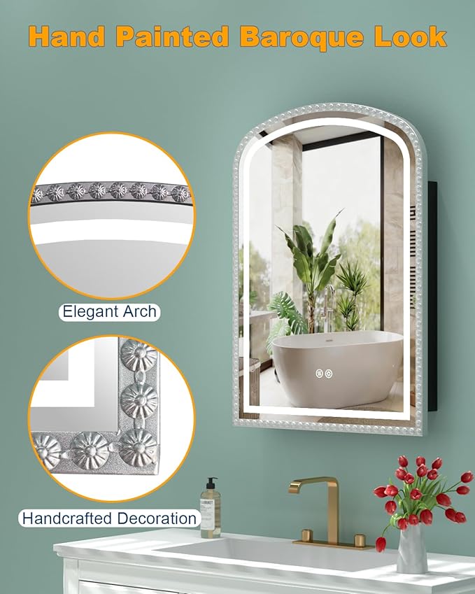 Daisy Beaded LED Medicine Cabinet with Mirror, Lighted Bathroom Mirror with Storage Full-Metal, Dimmable 3 Colors Lighting Anti-Fog and Memory Function, 1 Organizer Box, Bling Silver 20x28 Inch