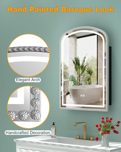 Daisy Beaded LED Medicine Cabinet with Mirror, Lighted Bathroom Mirror with Storage Full-Metal, Dimmable 3 Colors Lighting Anti-Fog and Memory Function, 1 Organizer Box, Bling Silver 20x28 Inch