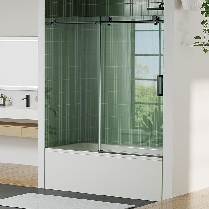56-60" W x 59" H Frameless Sliding Shower Door, 5/16" (8mm) Tempered Glass with Explosion-Proof Film, Bypass Door with Seal Strips for Walk-in Shower, Matte Black
