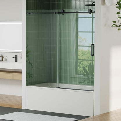 Frameless Bathtub Shower Door 56–60 inch W x 59 inch H,Shower Door Glass Sliding 60 Inches,6mm Tempered Glass, Stainless Steel,Sliding Glass Shower Door with Fixed Panel,Sliding Tub Door for Bathroom