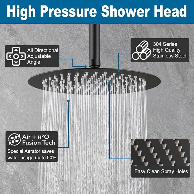 12 Inch Ceiling Mount Shower Faucet Set Matte Black Round Ceiling Shower Head and Handle Set Bathroom Rain Shower System Include Shower Valve and Trim Kit