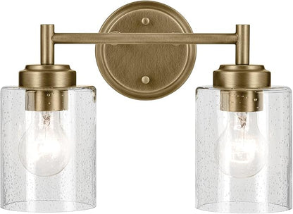 Kichler Winslow 13" 2-Light Vanity Light with Clear Seeded Glass in Natural Brass for Bathroom Vanity, Luxe Industrial, (13" x 9.25"), 45885NBR