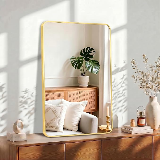 OLIXIS 36x24 Inch Bathroom Wall Mount Mirror with Rounded Rectangle, Gold | Modern Wall Vanity Mirrors for Over Sink with Matte Brush Metal Framed, for Home Decor, Living Room, Bedroom
