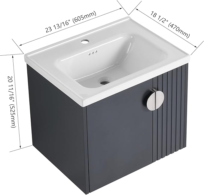 Malwee 24" Floating Bathroom Vanity with Sink, 24 Inch Single Sink Wall Mounted Bathroom Vanity, with 2 Doors and White Ceramic Basin Top, Black Cabinet Set with 3 Color Handles (081-24)