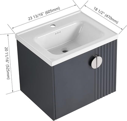 Malwee 24" Floating Bathroom Vanity with Sink, 24 Inch Single Sink Wall Mounted Bathroom Vanity, with 2 Doors and White Ceramic Basin Top, Black Cabinet Set with 3 Color Handles (081-24)