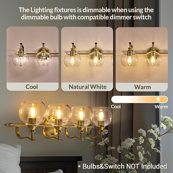 Brass Vanity Light, Gold Bathroom Light Fixtures 4 Lights, 27.8 Inch Vintage Bathroom Sconces, Brushed Brass Vanity Lighting with Globe Clear Glass Shade, E26 Base (Bulbs Not Included)