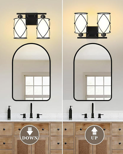 2-Light Black Bathroom Light Fixtures with Milk White Frosted Glass, 13.8" Modern Bathroom Vanity Lighting Fixtures Over Mirror with Metal Cage, Wall Sconce Lights for Bath, E26, CH9176BKW-2W