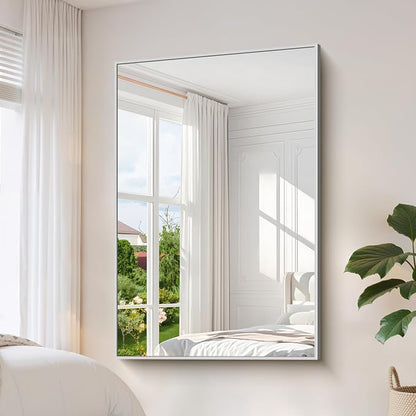 YIROMAN Bathroom Mirror 60"x40", Large Brushed Silver Bathroom Mirror for Over Sink with Aluminum Frame, Rectangular Vanity Mirror with Right Angle, Wall Mirror Hangs Horizontal or Vertical