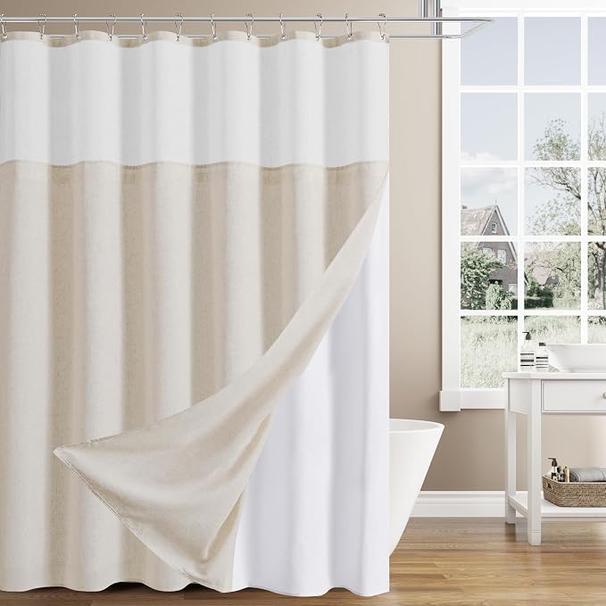 Linen Shower Curtain 72 Inches for Bathroom Beige Double Layer | Natural Ivory Cream, Curtains with Hook, Snap in Liner, Water Repellent, Bath Decor, 1 Panel, 72x72