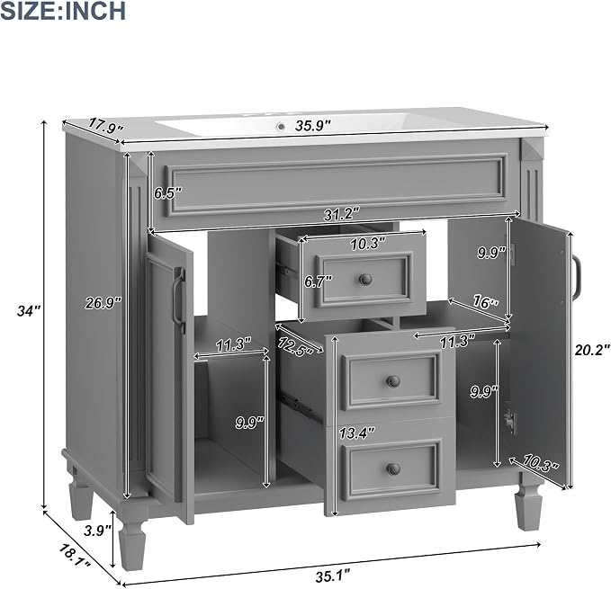 36" Bathroom Vanity with Sink Combo, Floor Standing Vanities Storage Cabinet Set W/2 Soft Closing Doors and 2 Drawer